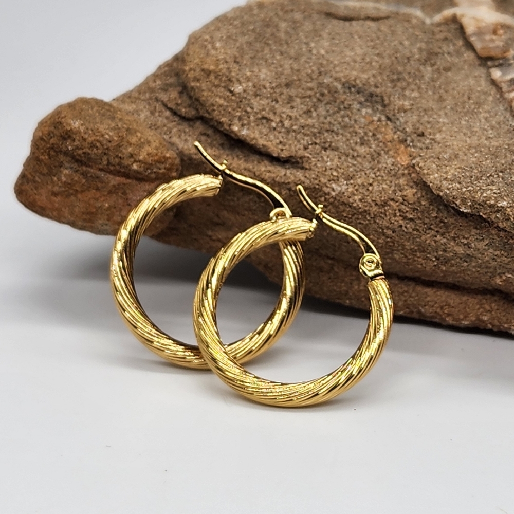 Gold Textured Twisted Hoops Earrings 14K Gold plated Studs Medium Chunky